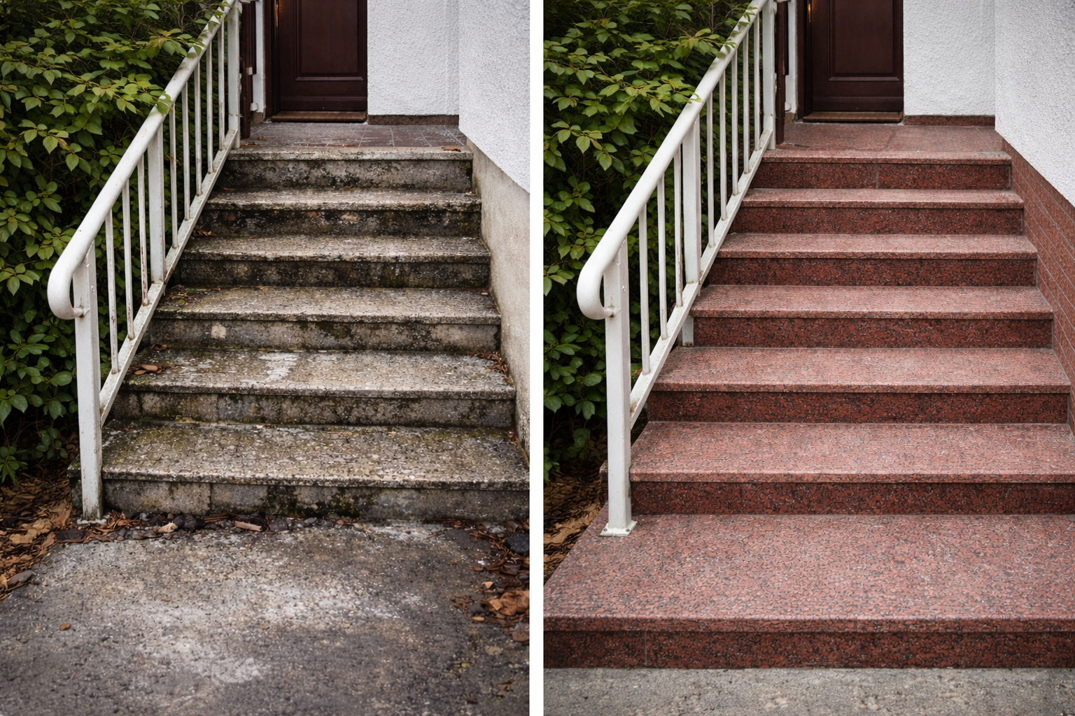 Vorher-Nachher-Darstellung der Sanierung und Erneuerung einer Außentreppe mit Granitstufen in Bremen-Huchting, Hermannsburg, 2010