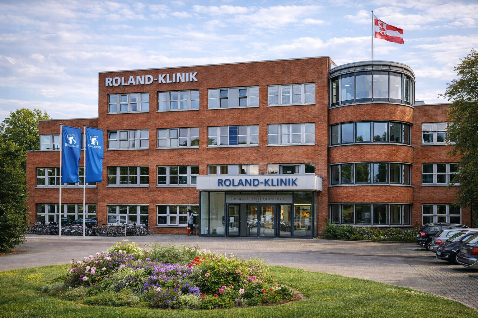 Klinikgebäude in Bremen während ausgeführter Abdichtungs- und Sanierungsarbeiten im Bestandsbau