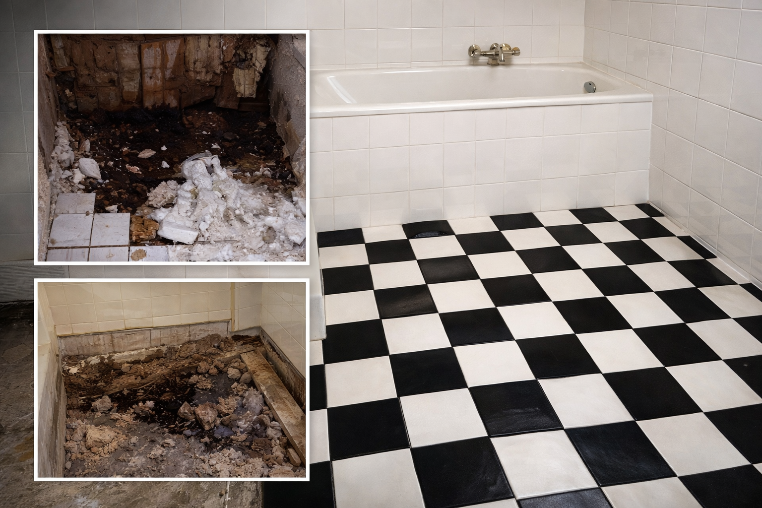 Vorher-Nachher-Darstellung einer Badsanierung mit beschädigtem Untergrund und anschließend neu verlegtem schwarz-weißen Schachbrett-Fliesenboden – fachgerechte Fliesen- und Sanierungsarbeiten