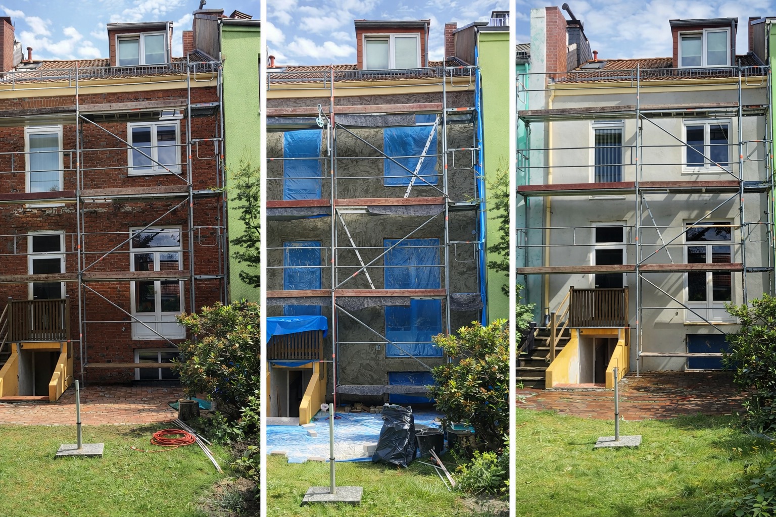 Bremer Neustadt, Oktober 2012: Bei diesem Bauvorhaben zeigte sich ein massiver Wassereintritt von außen nach innen, sichtbar entlang der Wand hinter einer selbst hergestellten, gewendelten Betontreppe, die ursprünglich mit Mosaik belegt war. Zusätzlich verliefen Kanal- und Wasserleitungen direkt unter und durch die Treppe, was eine einfache Abdichtung unmöglich machte. Um die Ursache dauerhaft zu beseitigen, wurde die Betontreppe teilweise rückgebaut, die Wand freigelegt und fachgerecht abgedichtet. Anschließend erfolgten der Neuaufbau der Treppe, erneutes Betonieren sowie das Wiederverlegen des originalen Mosaiks. Nur durch diesen konsequenten Eingriff konnte der jahrelange Wassereintritt dauerhaft gestoppt werden.