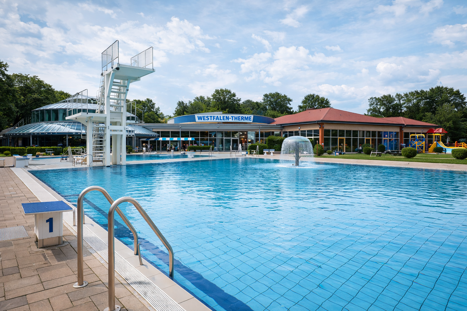 Schwimmbad- und Thermenanlage in Bad Lippspringe – Westfalen-Therme, Bauvorhaben Sommer 1994, ausgeführte Reparatur-, Abdichtungs-, Mosaik- und Fliesenarbeiten im Innen- und Außenbereich
