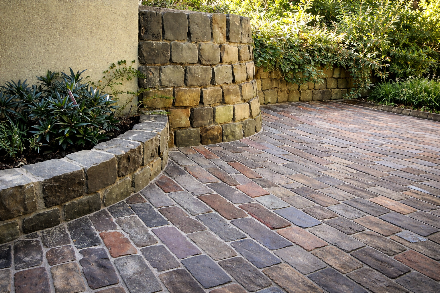 Außenanlage mit antiken Pflastersteinen und gemauerter Natursteinmauer – handwerkliche Ausführung durch Der Hausdoktor