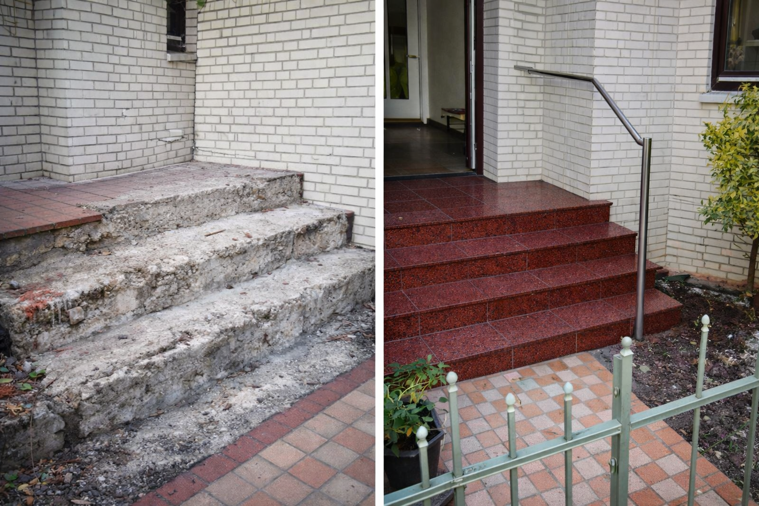 Eingangstreppe eines Wohnhauses in Bremen-Neustadt, Max-Planck-Straße, Bauvorhaben 2013 – vorher-nachher Darstellung nach Erneuerung.