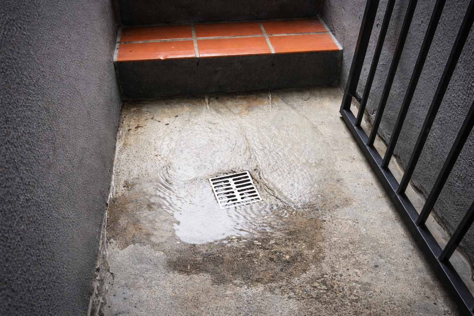 Schadensbild eines stark durchfeuchteten Kellerabgangs mit Wassereintritt und Bodenablauf – Vorbereitung zur Abdichtung und Trocknung