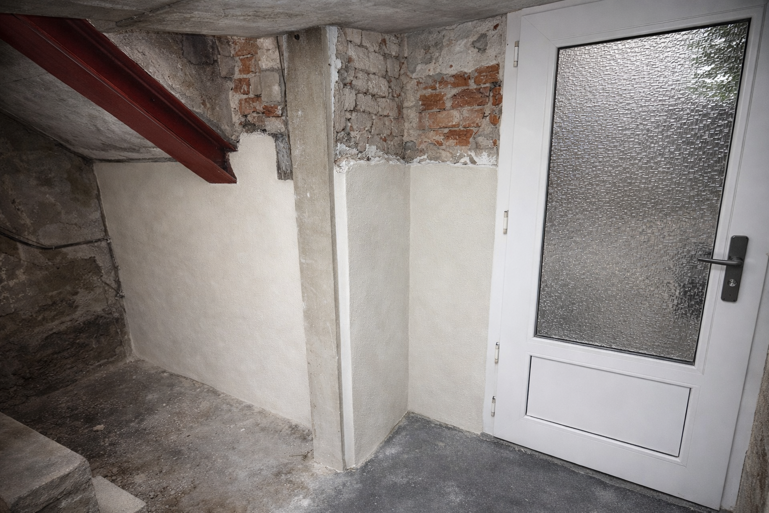 Abdichtung und Trocknung von Eingangsbereich und Keller eines Wohnhauses in Bremen, Wildeshauser Straße, ausgeführt Februar 2025, Sanierung von feuchten und nassen Außenwänden unter der Eingangstreppe