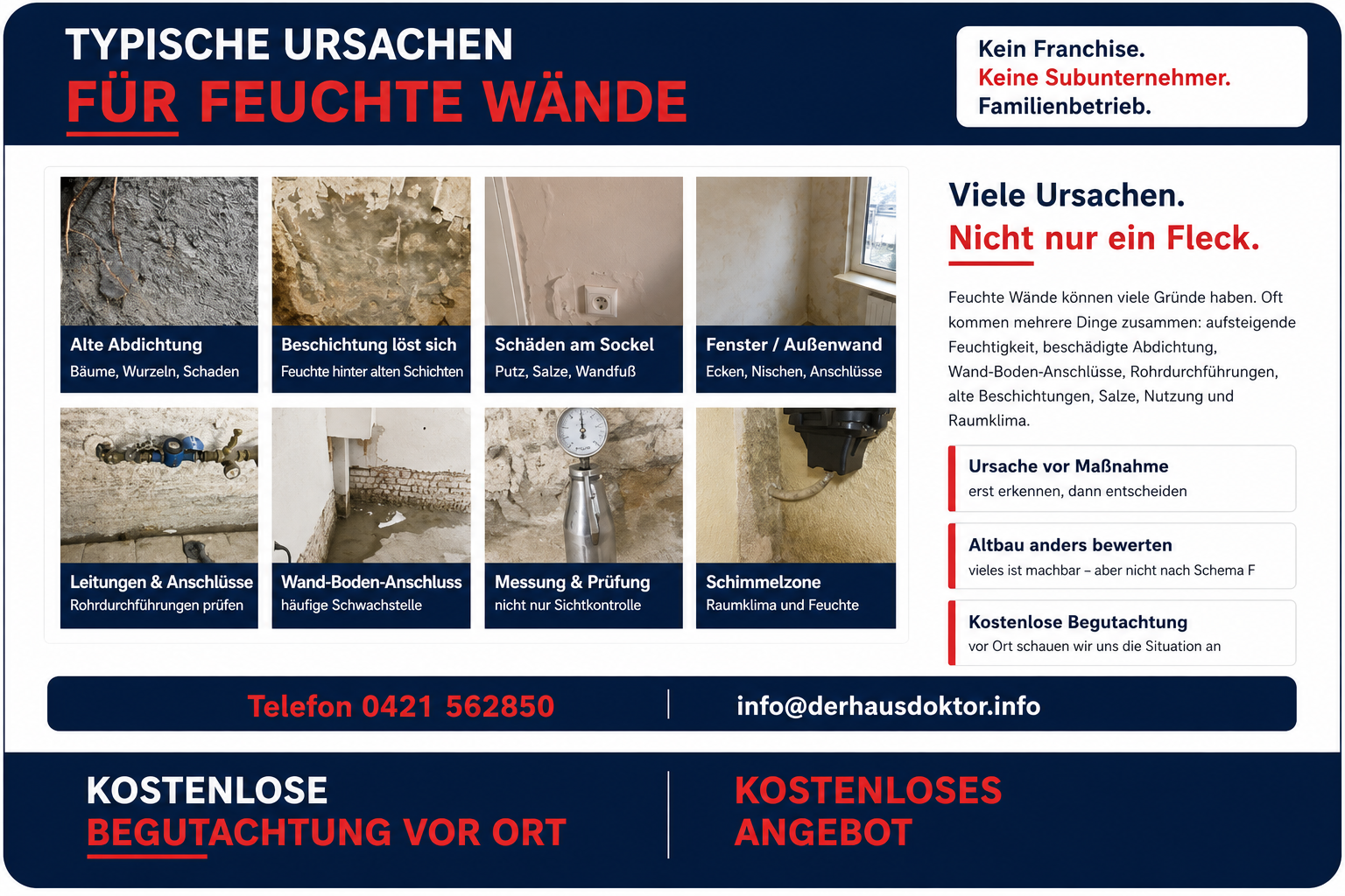 Typische Ursachen für feuchte Wände: alte Abdichtung, Feuchtigkeit im Mauerwerk, Schäden am Sockel, Leitungen, Wand-Boden-Anschluss, fehlende Sperren und Schimmelzone