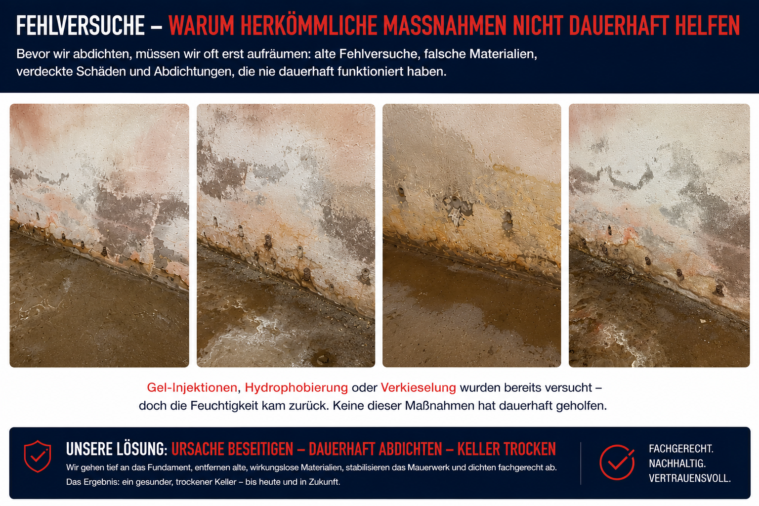 Fehlversuche bei Kellerabdichtung mit Gel-Injektionen, Hydrophobierung und Verkieselung, bei denen Feuchtigkeit im Keller zurückkam