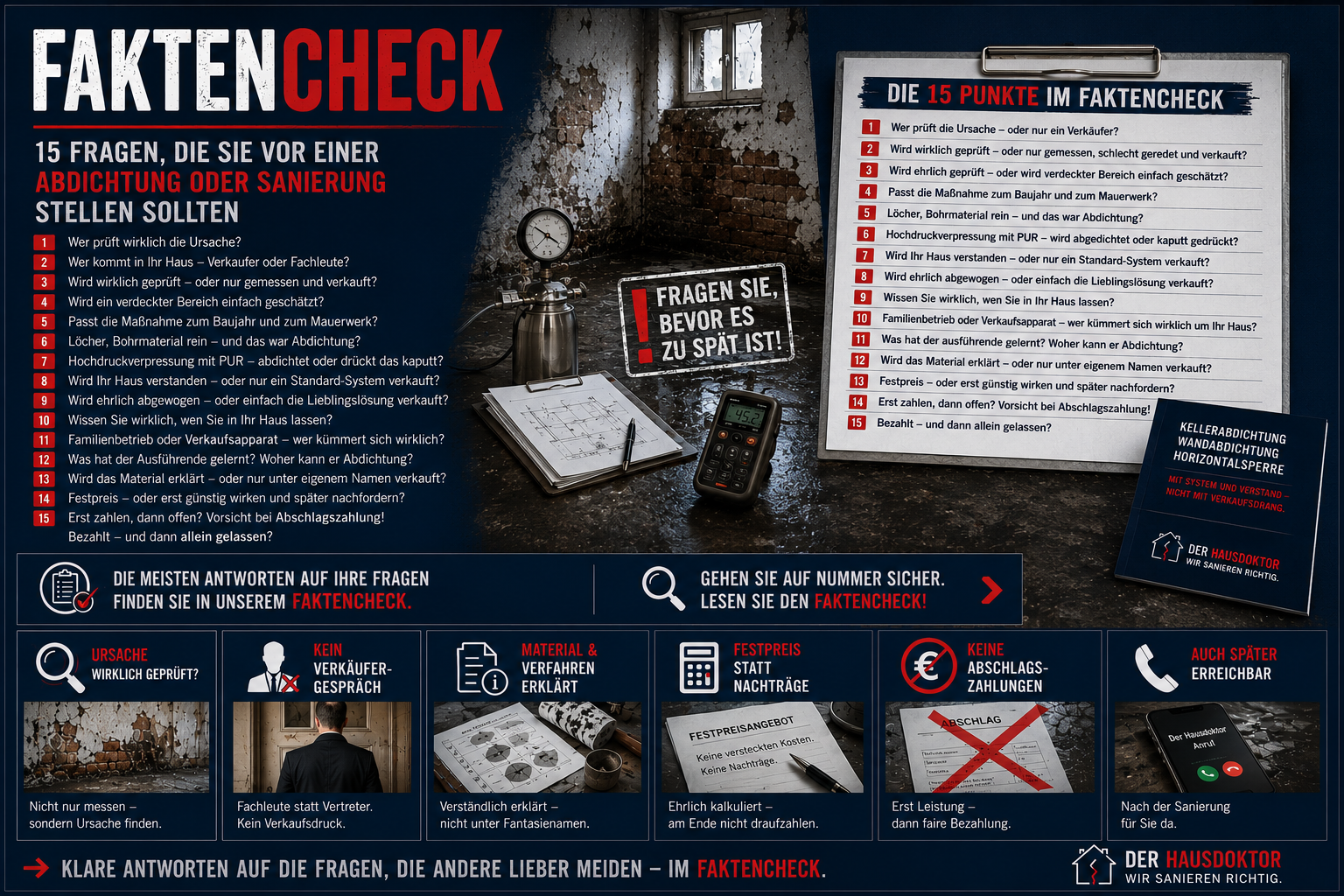 Faktencheck zur Abdichtung und Sanierung feuchter Wände und Keller mit 15 wichtigen Fragen zu Ursache, Verfahren, Kosten, Festpreis, Abschlagszahlungen, Ausführung und Verantwortung.