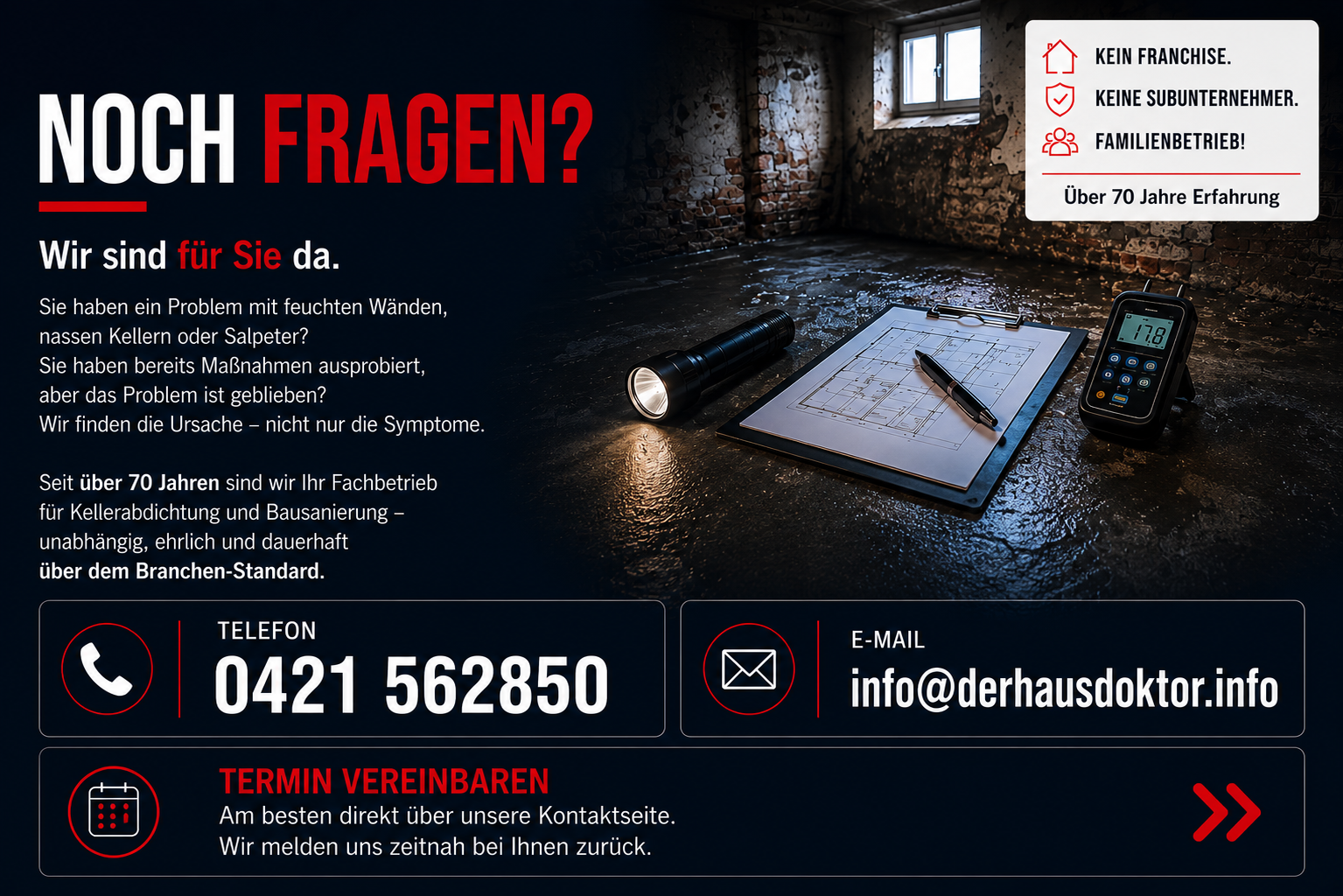Noch Fragen an Der Hausdoktor in Stuhr bei Bremen zu Kellerabdichtung, feuchten Wänden, nassen Kellern und Sanierung