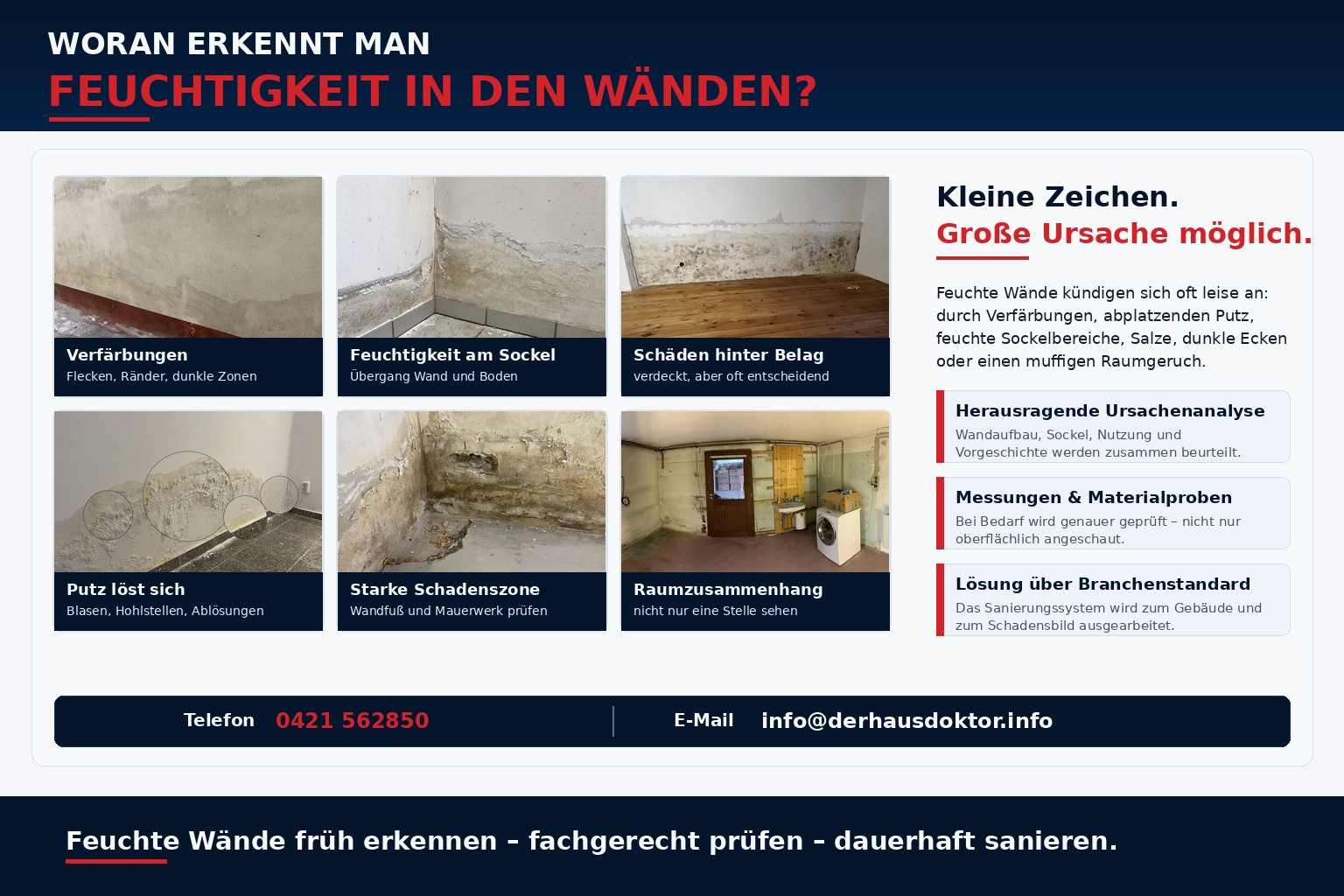 Feuchtigkeit in den Wänden erkennen: Verfärbungen, Feuchtigkeit am Sockel, abplatzender Putz, Schimmelspuren und Schäden hinter Bodenbelag