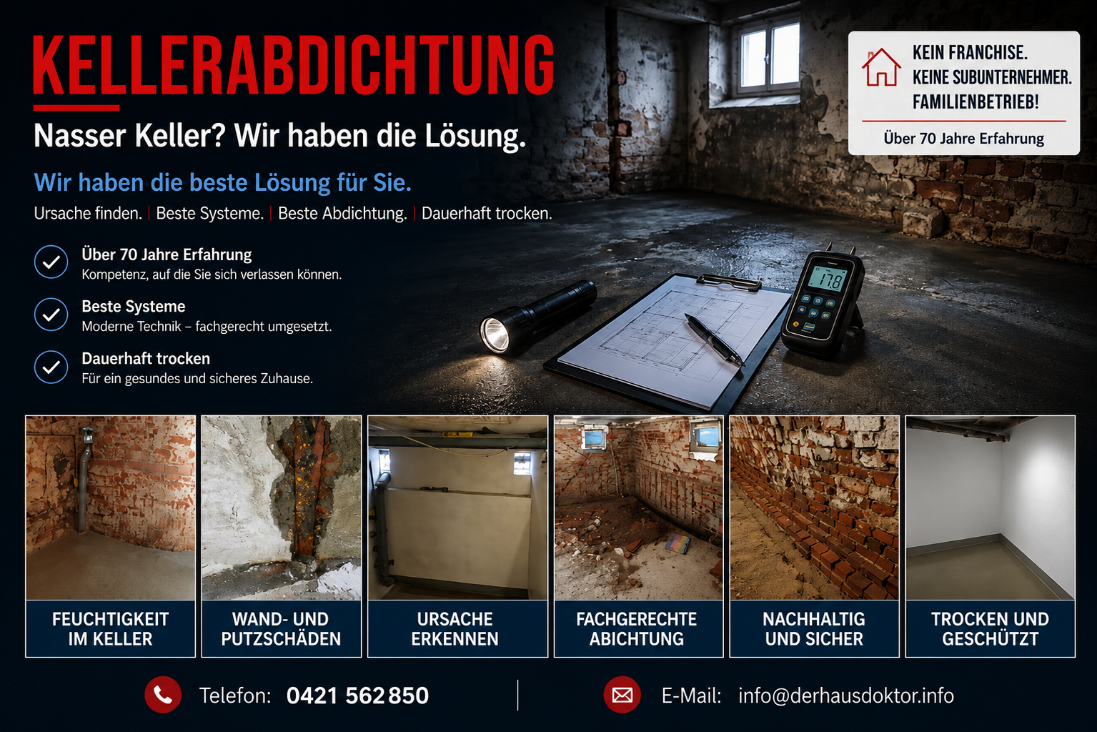 Kellerabdichtung durch Der Hausdoktor in Stuhr bei Bremen bei nassem Keller, feuchten Wänden und Putzschäden