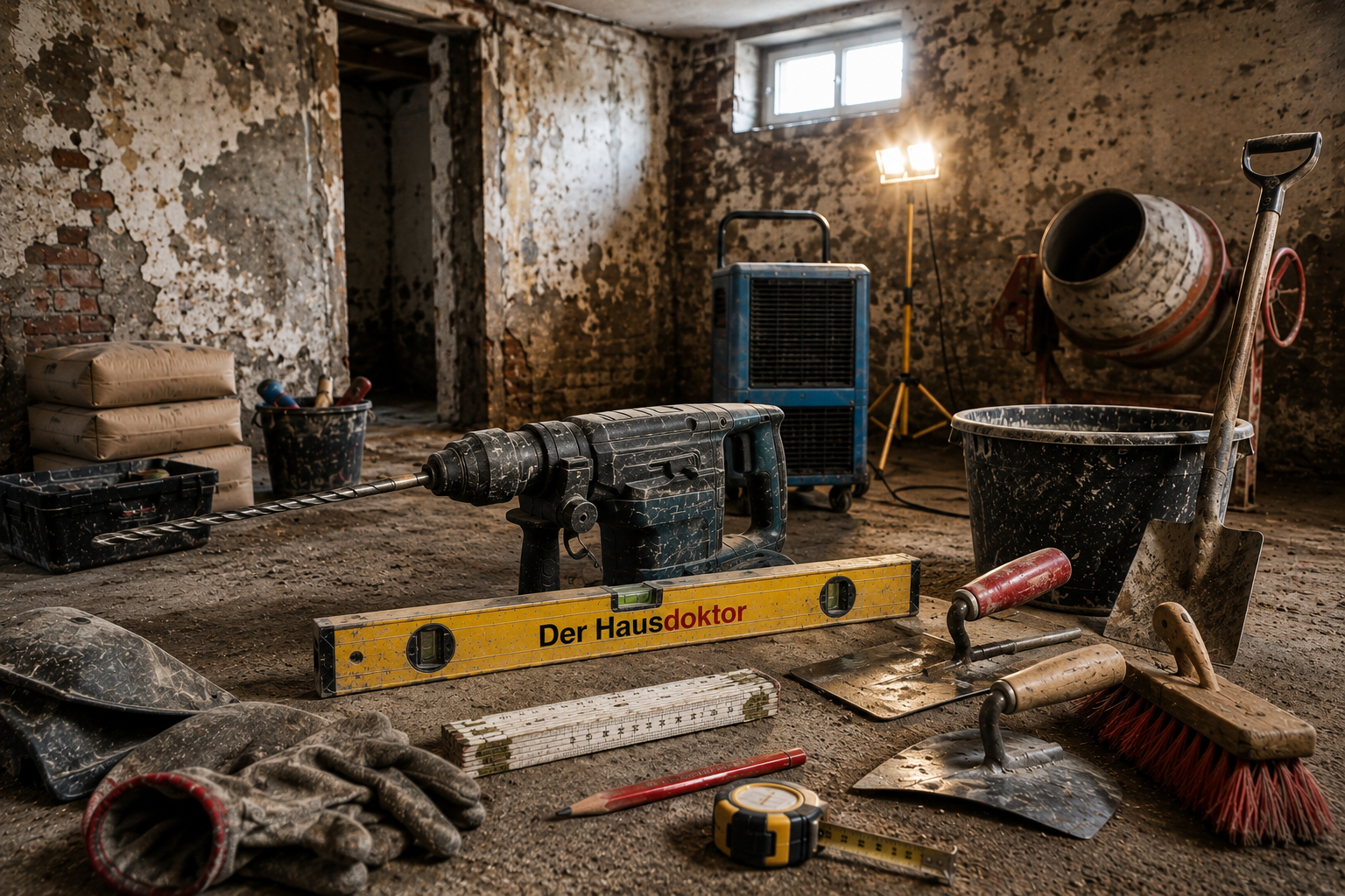 Baustellenwerkzeug in einem alten Keller mit Wasserwaage von Der Hausdoktor als Symbol für handwerkliche Erfahrung und die nächste Generation.