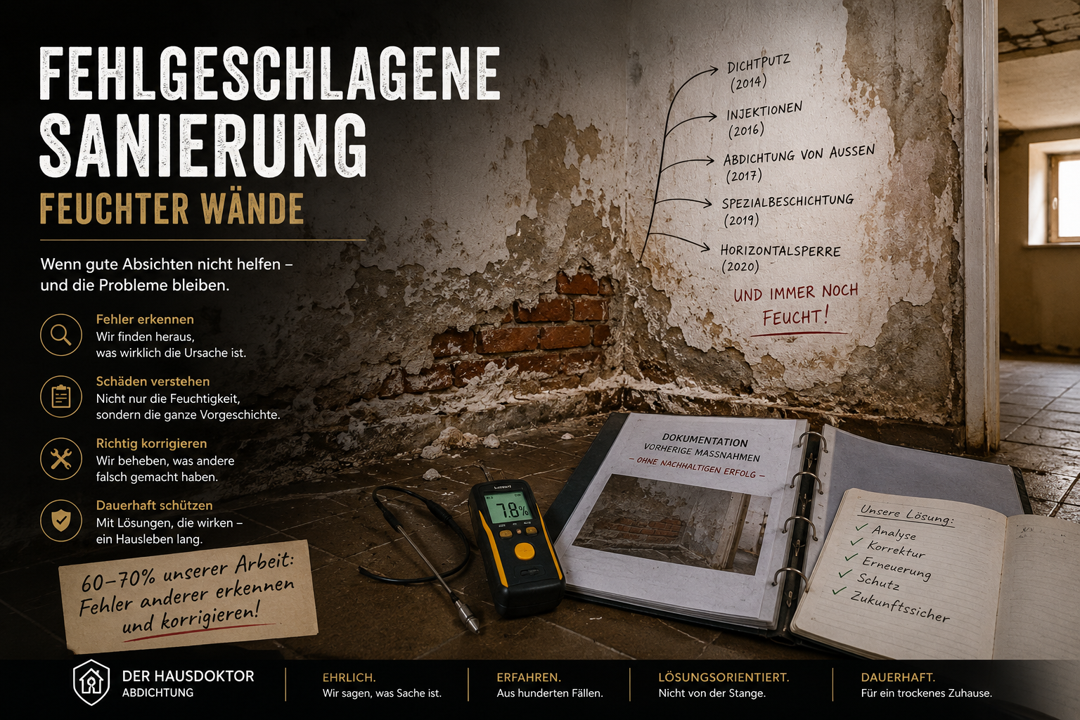 Der Hausdoktor zeigt Analyse fehlgeschlagener Sanierung feuchter Wände