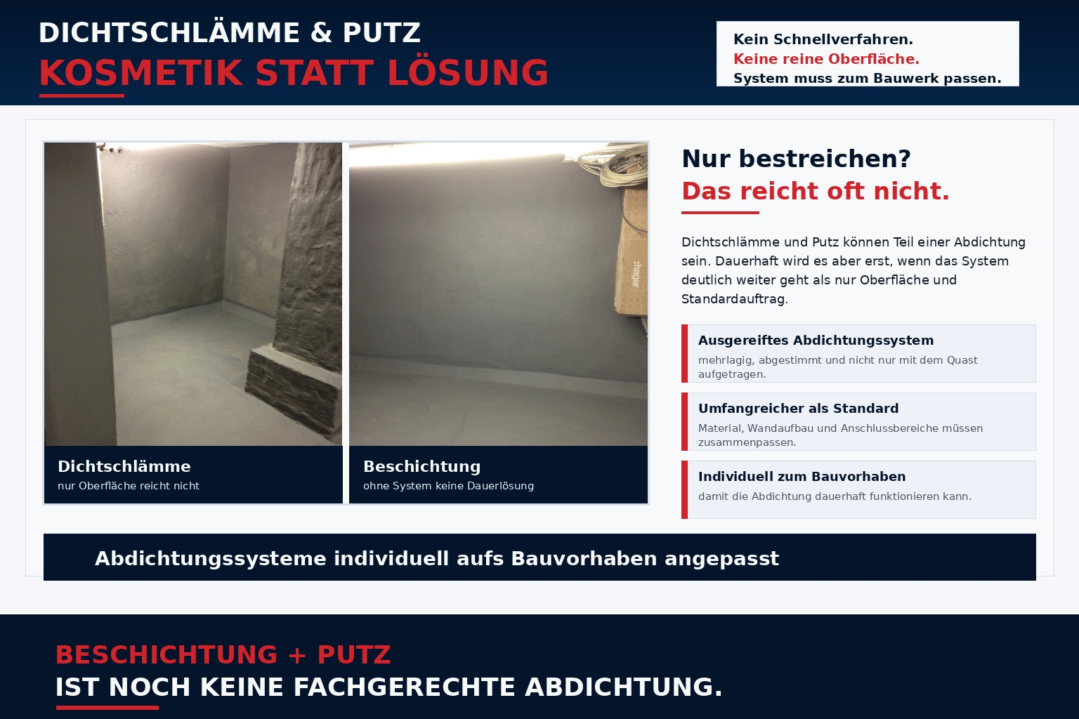 Dichtschlämme und Beschichtung an Kellerwänden – warum Putz und Beschichtung allein noch keine fachgerechte Abdichtung sind