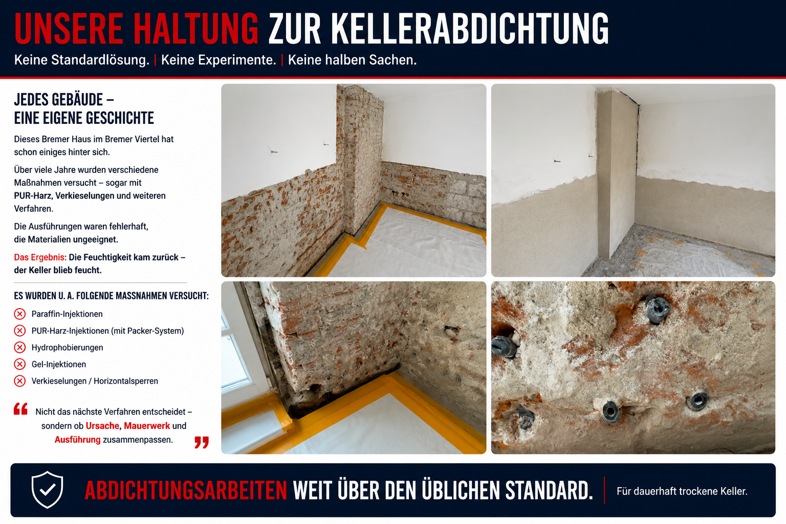 Kellerabdichtung in Bremen mit freigelegtem Mauerwerk, früheren Injektionsspuren und fachgerechter Abdichtung weit über dem üblichen Standard