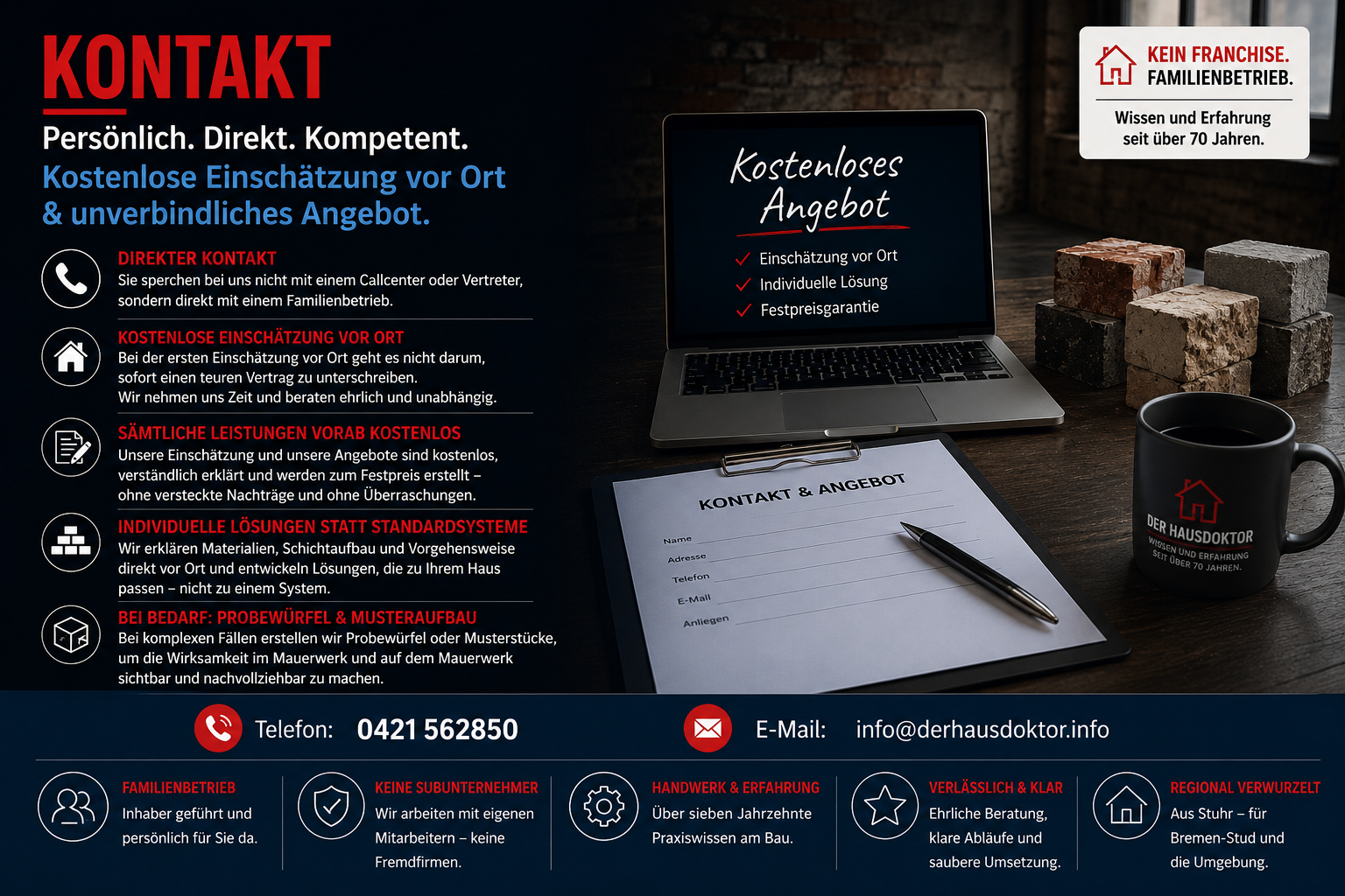 Kontakt zu Der Hausdoktor in Stuhr bei Bremen für Kellerabdichtung, feuchte Wände und kostenloses Angebot