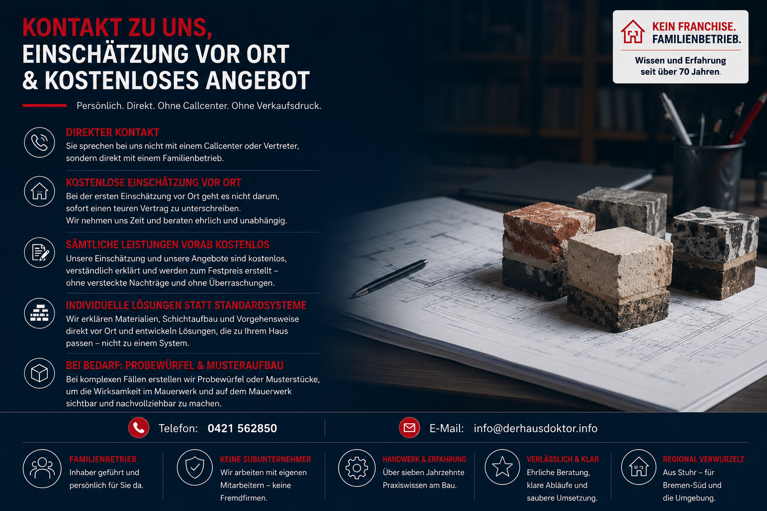 Der Hausdoktor Bremen Stuhr Kontakt, Einschätzung vor Ort, kostenloses Angebot, Probewürfel, Musteraufbau und individuelle Lösung bei feuchten Wänden und nassem Keller