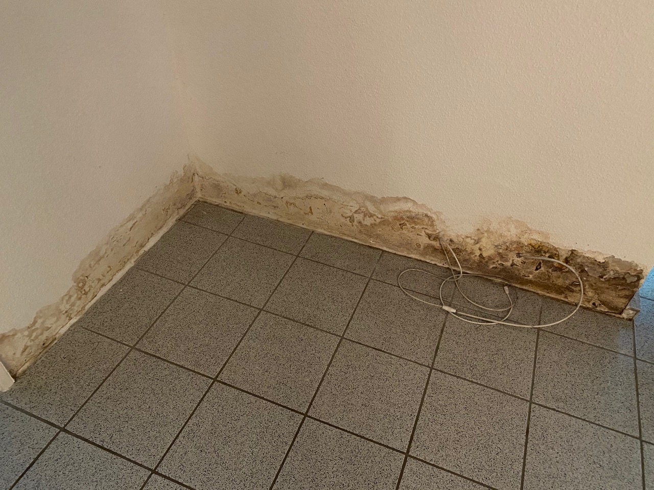 Feuchte Wand im Sockelbereich mit Putzschäden nach Sanierungsversuch