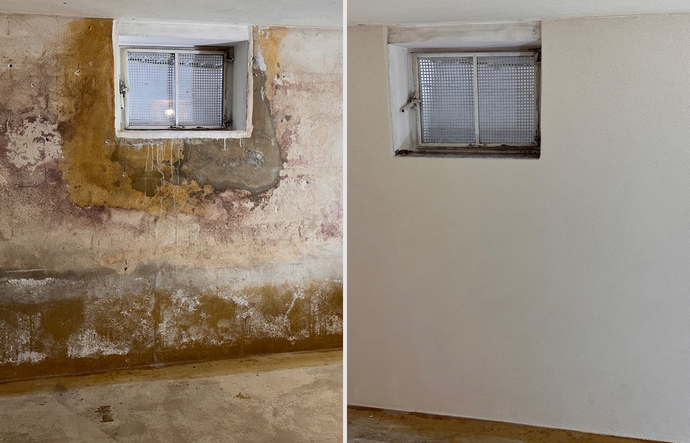 Vorher-Nachher-Bild einer feuchten Wand nach Sanierung durch Der Hausdoktor mit sichtbarer Verbesserung der Wandfläche.