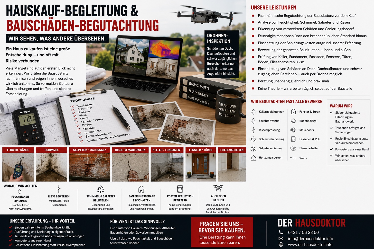 Hauskauf-Begutachtung mit Prüfung von Feuchtigkeit, Schimmel, Salpeter, Rissen, Keller, Fassade und Sanierungskosten vor dem Immobilienkauf