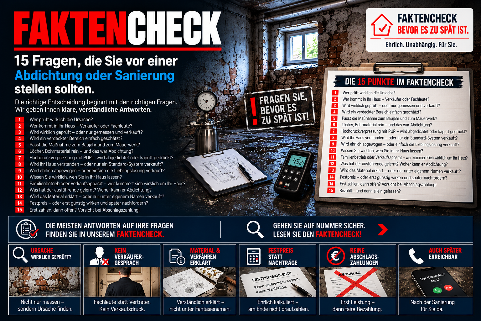 Faktencheck Der Hausdoktor aus Stuhr bei Bremen: 15 entscheidende Fragen vor einer Bauabdichtung oder Sanierung. Über 70 Jahre Erfahrung, außergewöhnlich gründliche Ursachenanalysen, individuell ausgearbeitete Abdichtungssysteme, hochwertigste Materialien und höchste Ansprüche an nachhaltige Sanierungsarbeiten.