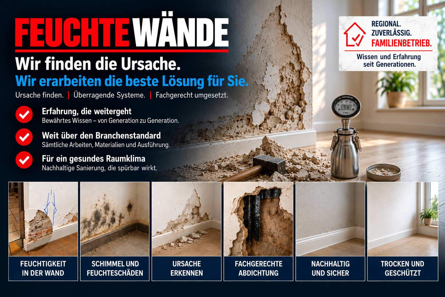 Feuchte Wände und Feuchtigkeitsschäden – Der Hausdoktor aus Stuhr bei Bremen. Über 70 Jahre Erfahrung, außergewöhnlich umfangreiche, individuell ausgearbeitete Abdichtungssysteme, hochwertigste Materialien und der Anspruch auf die besten, dauerhaftesten und nachhaltigsten Lösungen gegen Feuchtigkeit, Schimmel, Salpeter und Putzschäden.