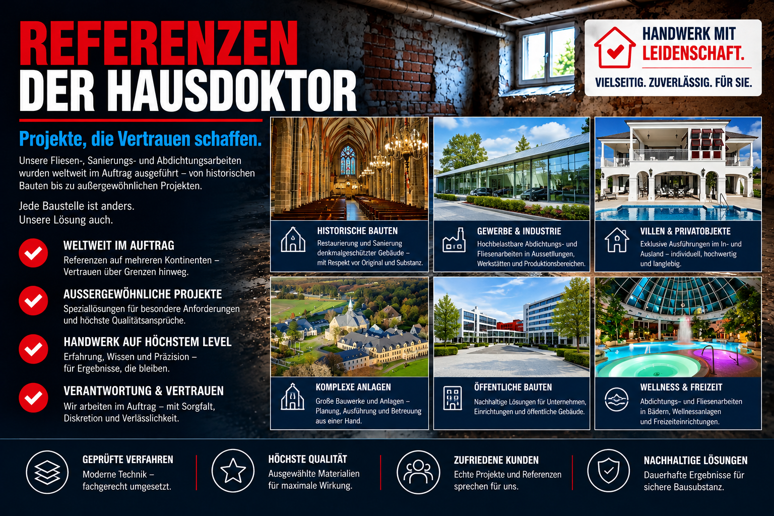 Außergewöhnliche Referenzen und internationale Sanierungsprojekte von Der Hausdoktor aus Stuhr bei Bremen. Über 70 Jahre Firmengeschichte mit anspruchsvollsten Bauabdichtungen, Bausanierungen, Fliesenarbeiten und Restaurierungen an historischen Gebäuden, modernen Gewerbebauten, exklusiven Villen und außergewöhnlichen Bauwerken in Deutschland und weltweit.