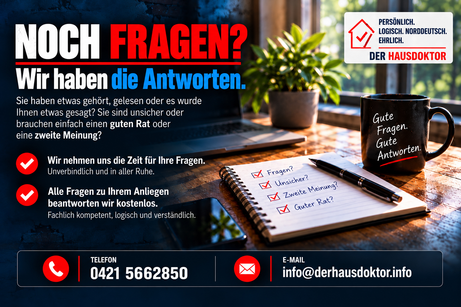 Der Hausdoktor aus Stuhr bei Bremen – kostenlose und unabhängige Fachberatung bei feuchten Wänden, Kellerabdichtung, Schimmel und Feuchtigkeitsschäden. Wir beantworten Ihre Fragen mit außergewöhnlichem Fachwissen und helfen, kostspielige Sanierungsfehler zu vermeiden.