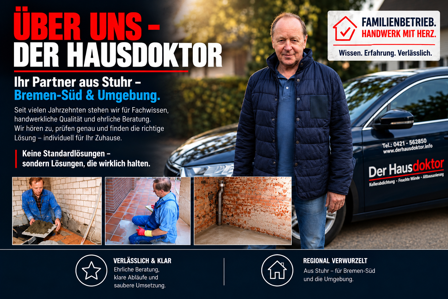 Der Hausdoktor – traditionsreicher Familienbetrieb aus Stuhr bei Bremen. Handwerkliches Fachwissen von Generation zu Generation, außergewöhnliche Kompetenz bei Kellerabdichtungen, Kellersanierungen und der Sanierung feuchter Wände. Individuell entwickelte Abdichtungssysteme, hochwertigste Materialien und persönliche Ausführung ohne Subunternehmer.